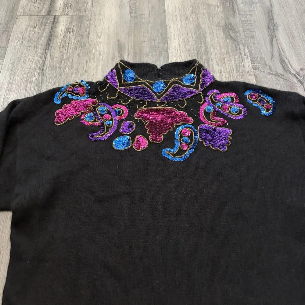 Vintage 80s Sweater Joule Energy Womens Medium Black Pink Bead Gems Angoral Silk